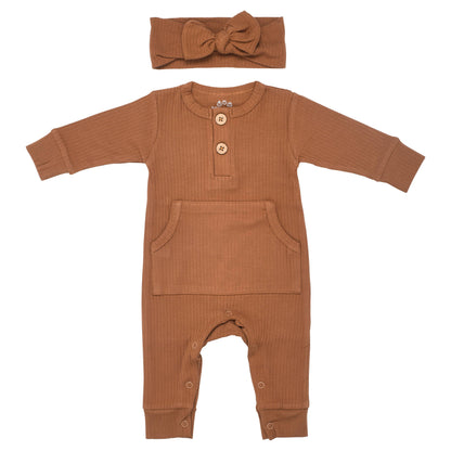 Baby Ribbed Playsuit with Pockets and Bow