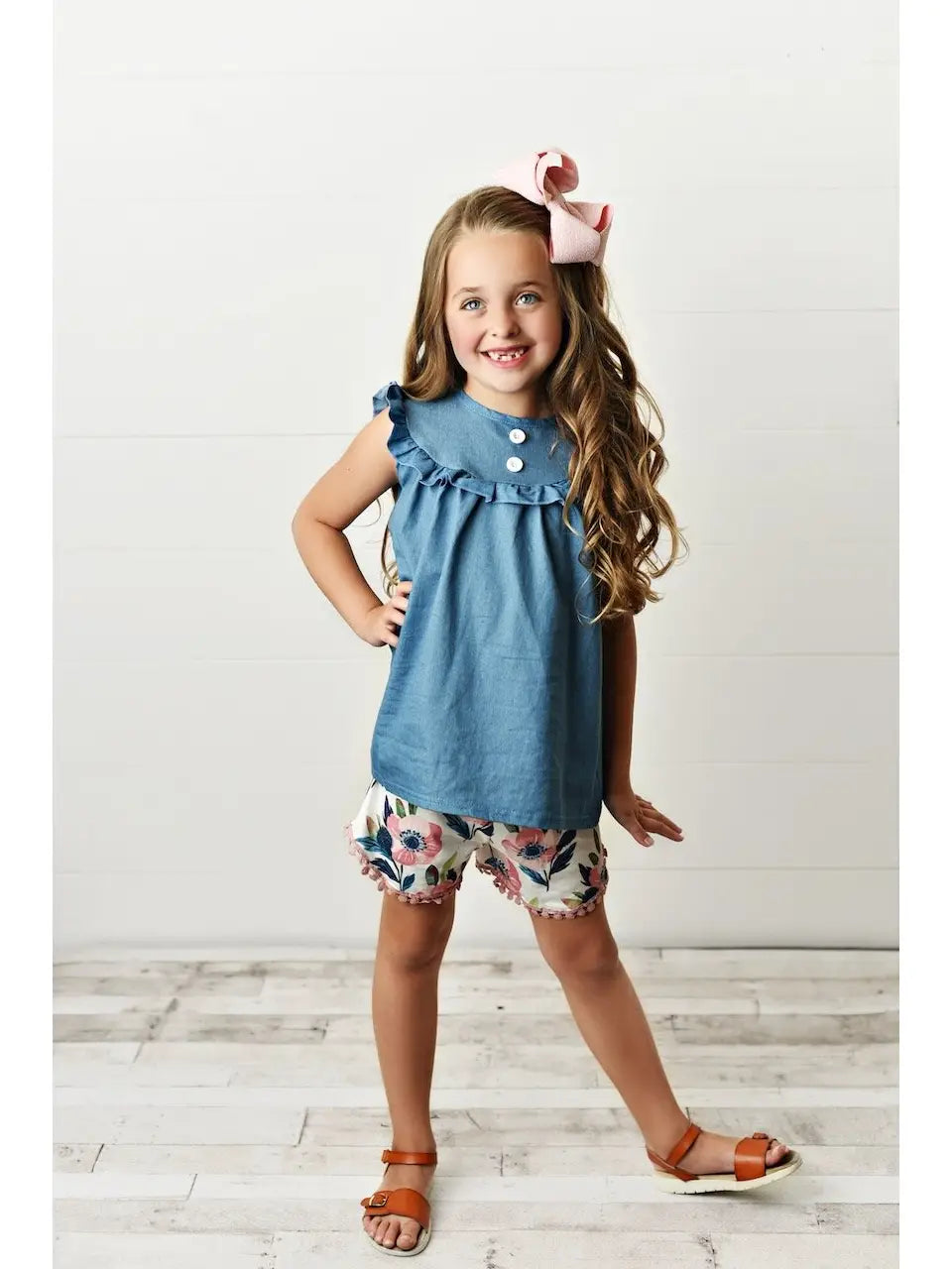 Adorable Sweetness Kids Jean Floral Ruffle Button Summer Two Piece Set