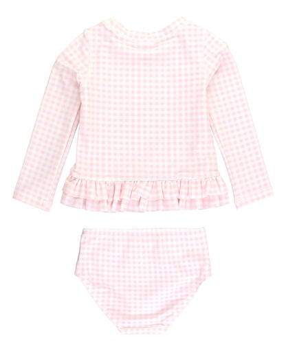 Pink Gingham Ruffle Hem Rash Guard 2-Piece