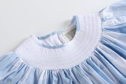 Light Blue Large Gingham Smocked Bishop Dress