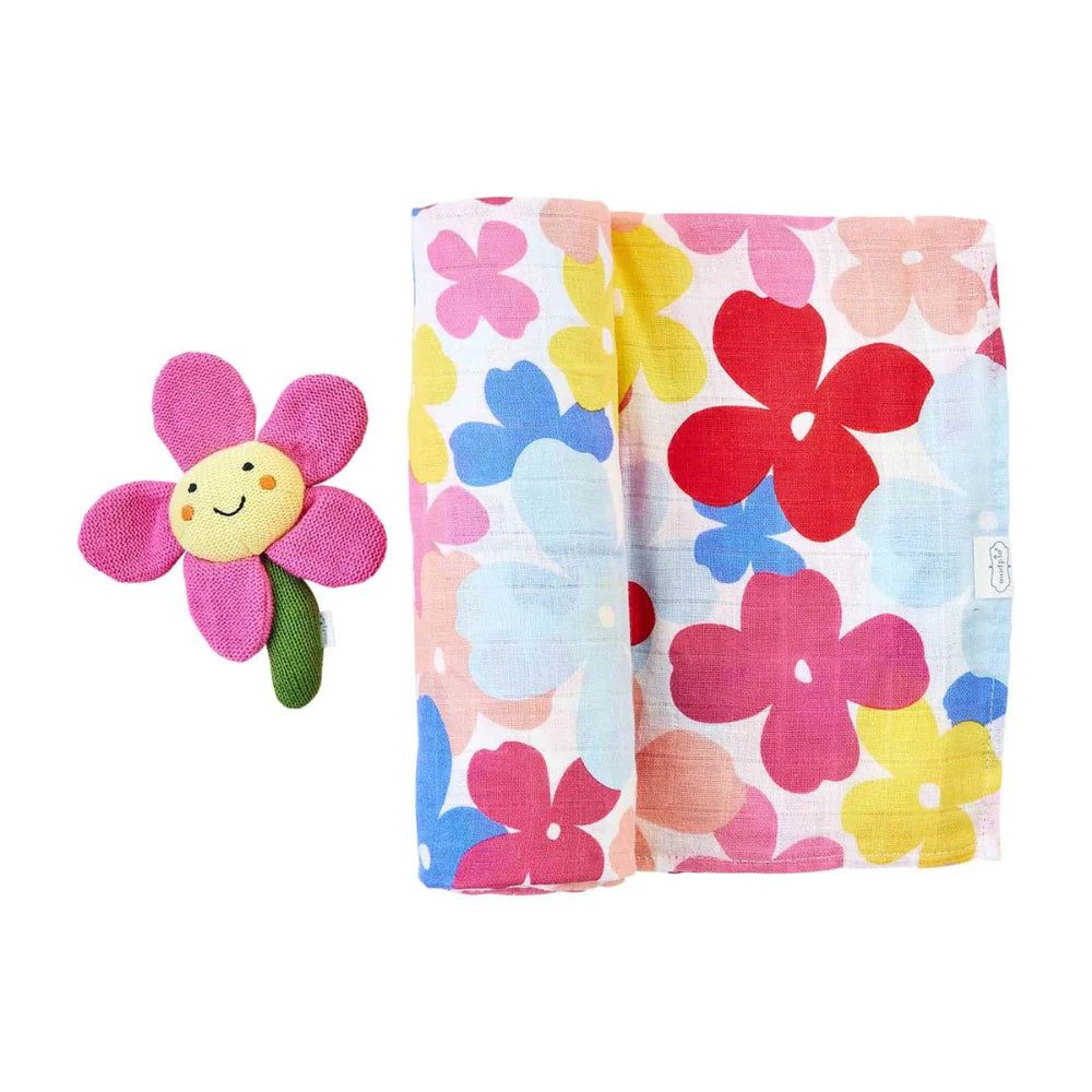 Mudpie Floral Cotton Muslin Swaddle with Rattle