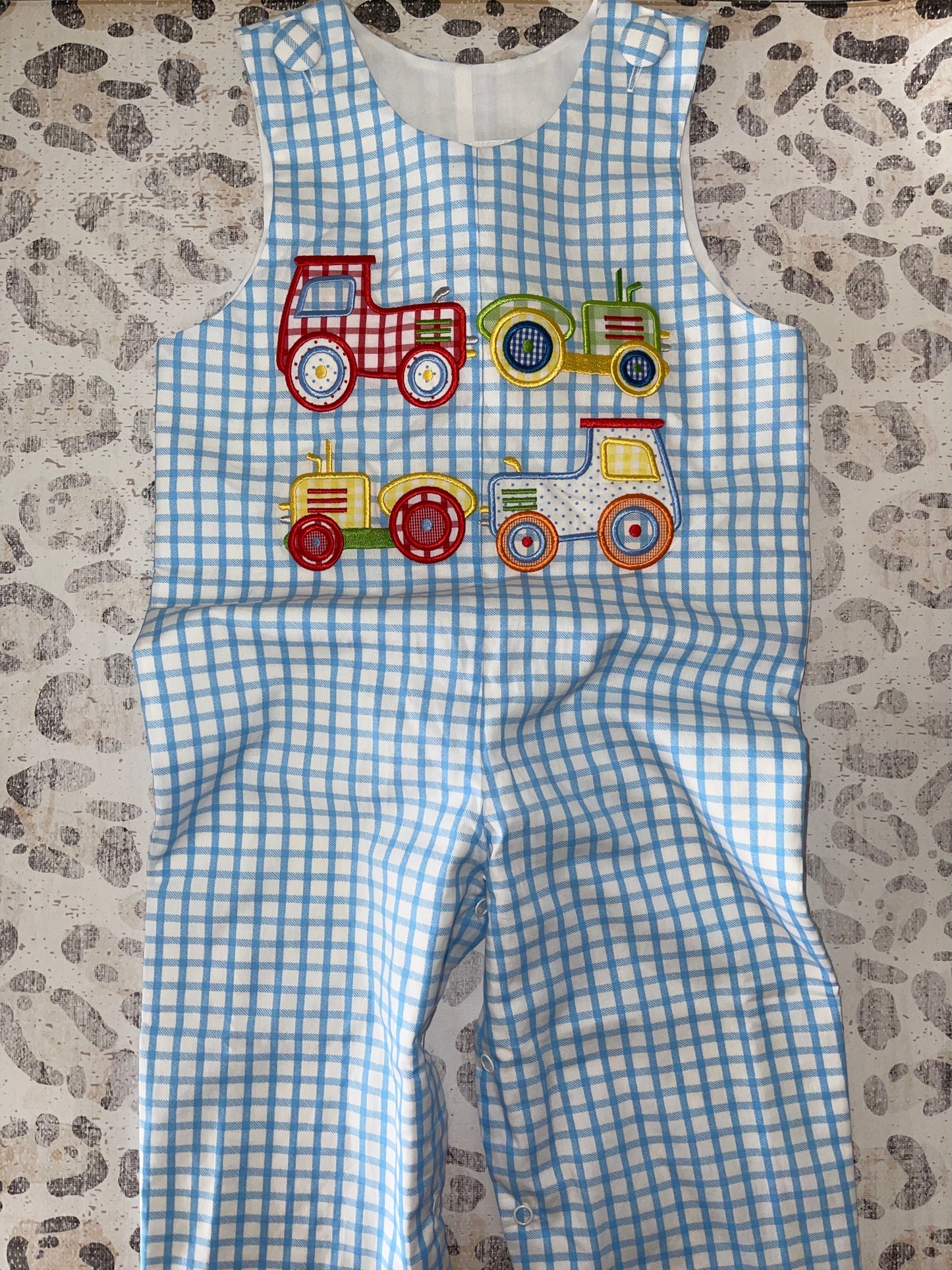 True Blue & White Gingham Tractor Appliqué Jon Jon