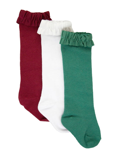 Girls 3-Pack Knee High Ruffle Socks - Dark Cherry, White, & Fir Green