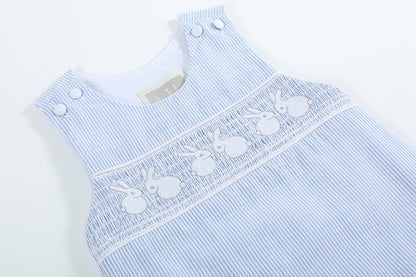 Lil Cactus Light Blue Seersucker Bunny Smocked Shortalls