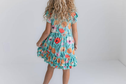 Adorable Sweetness Kids Teal Floral Lace Ruffle Button Spring Easter Dress