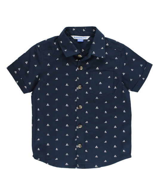 Navy Sailboats Short Sleeve Button Down Shirt