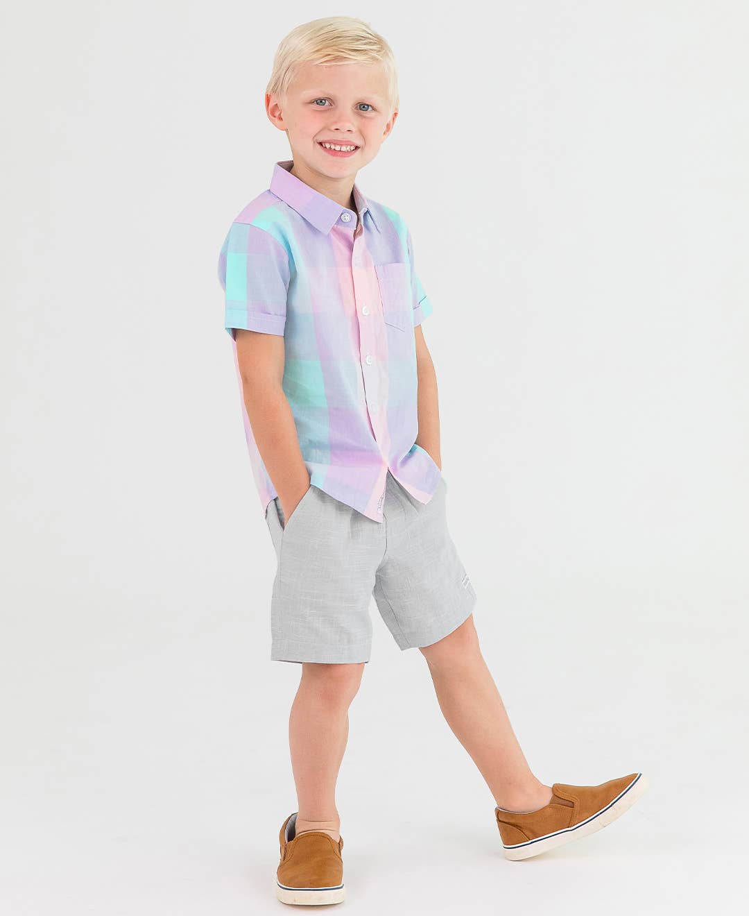 Cotton Candy Plaid Short Sleeve Button Down Shirt