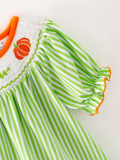 Halloween Pumpkin Smocking Embroidered Striped Dress