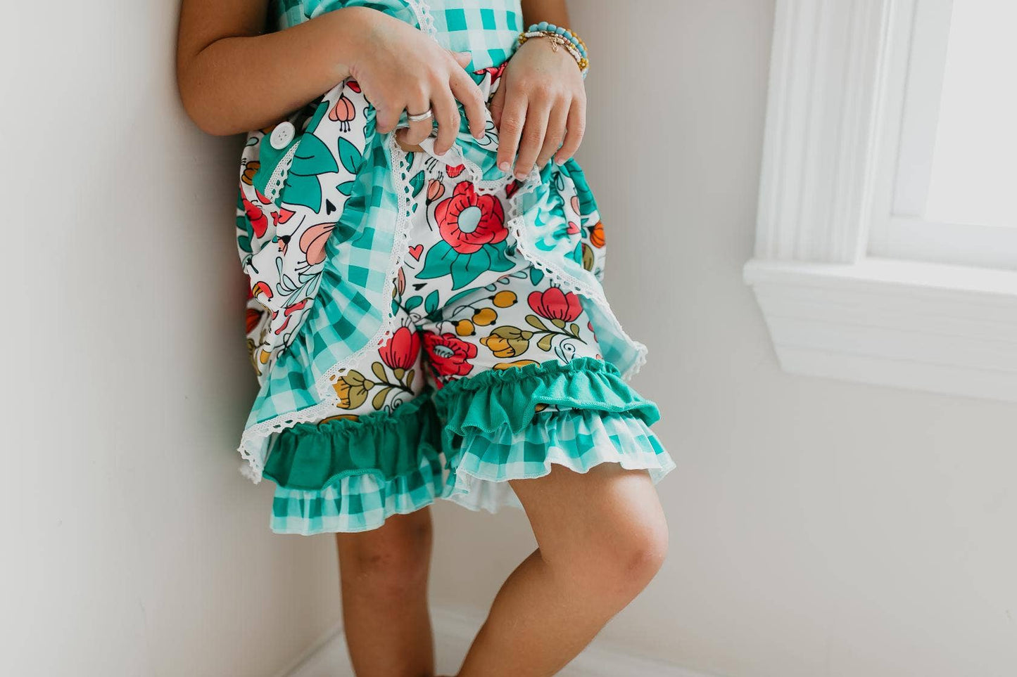 Adorable Sweetness Kids Teal Gingham Floral Pocket Easter Ruffle Short Set