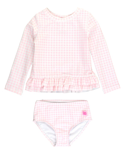 Pink Gingham Ruffle Hem Rash Guard 2-Piece