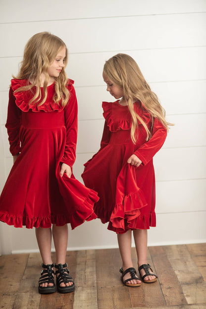 Kids Red Velvet Ruffle Fancy Winter Christmas Party Dress