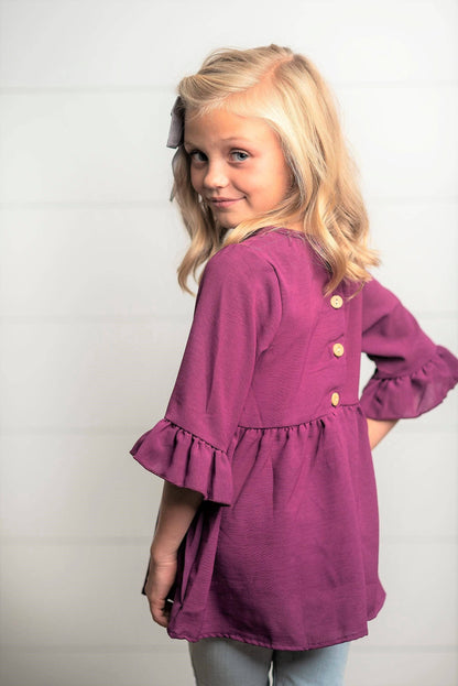 Adorable Sweetness Kids Wine Ruffle Long Sleeve Shirt with buttons