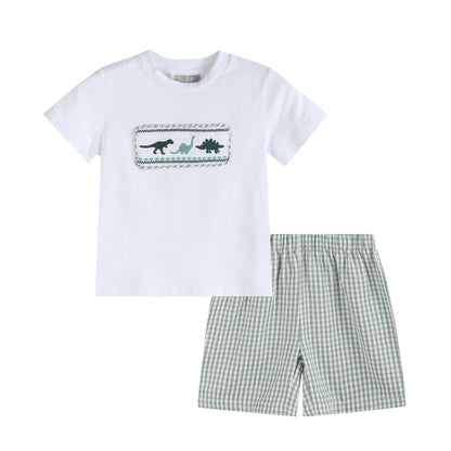 White Dinosaur Smocked Tee and Green Gingham Shorts Set