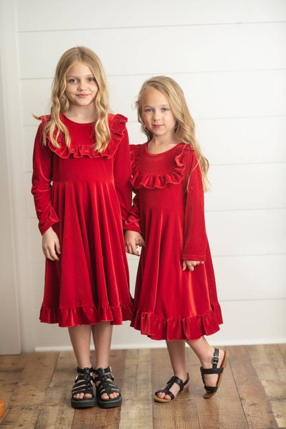 Kids Red Velvet Ruffle Fancy Winter Christmas Party Dress