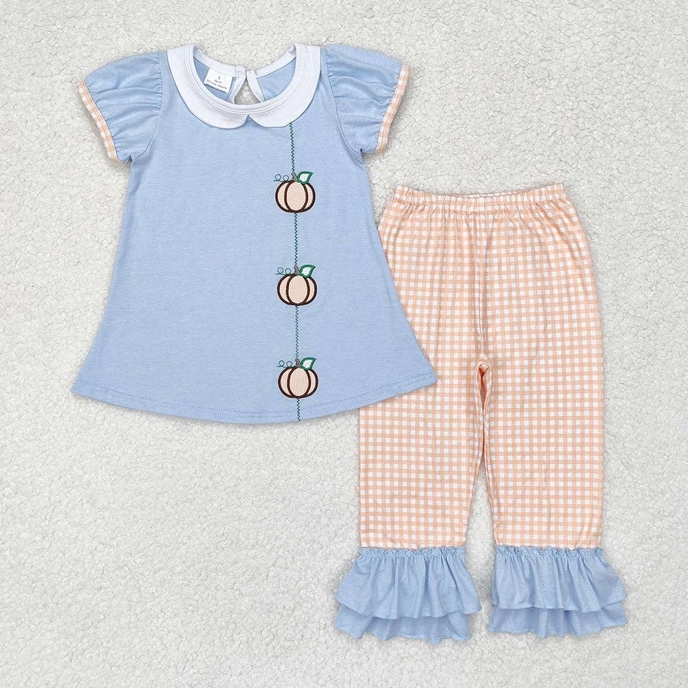 Baby Blue & Light Orange Embroidered Pumpkin Girls Outfit Set