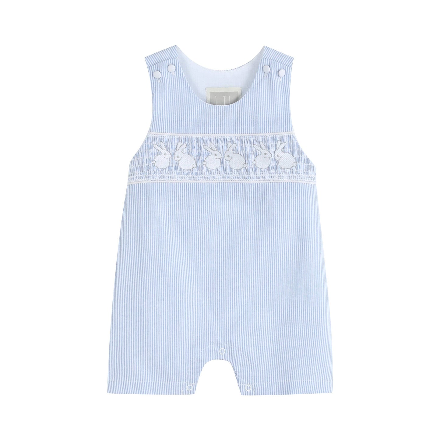 Lil Cactus Light Blue Seersucker Bunny Smocked Shortalls