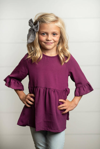 Adorable Sweetness Kids Wine Ruffle Long Sleeve Shirt with buttons