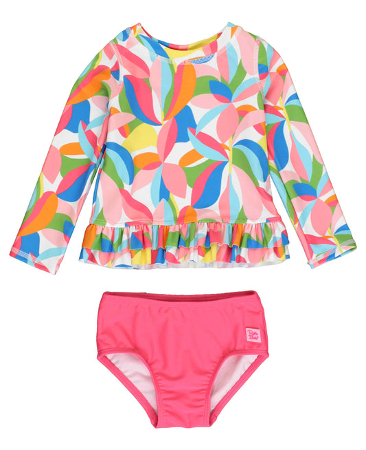 Tropical Adventure Long Sleeve Ruffle Hem Rash Guard 2-Piece