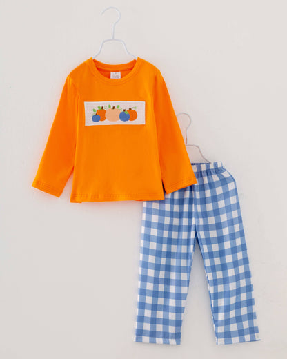 Fall Blue Plaid Orange Pumpkin Boys Clothig Set Kid Clothes