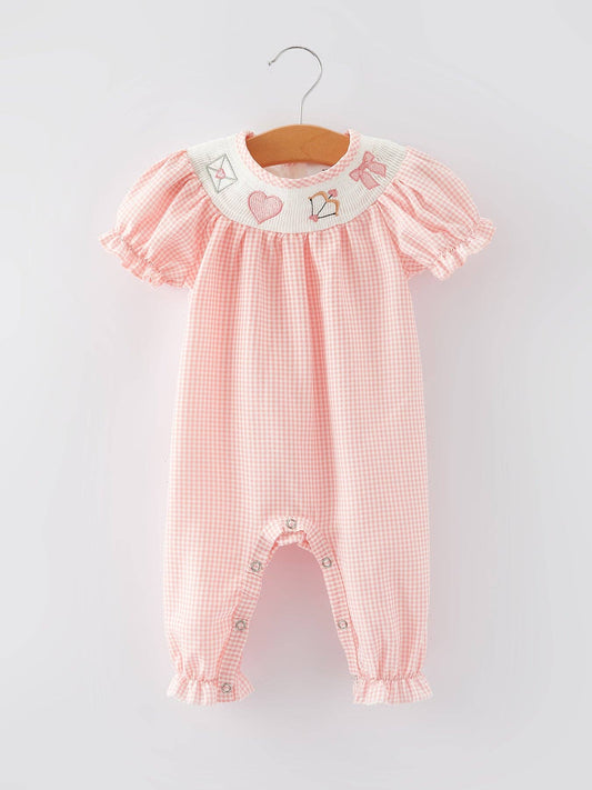 Valentine's Day Letter Heart Bow Arrow Smocking Embroidery Girls Romper