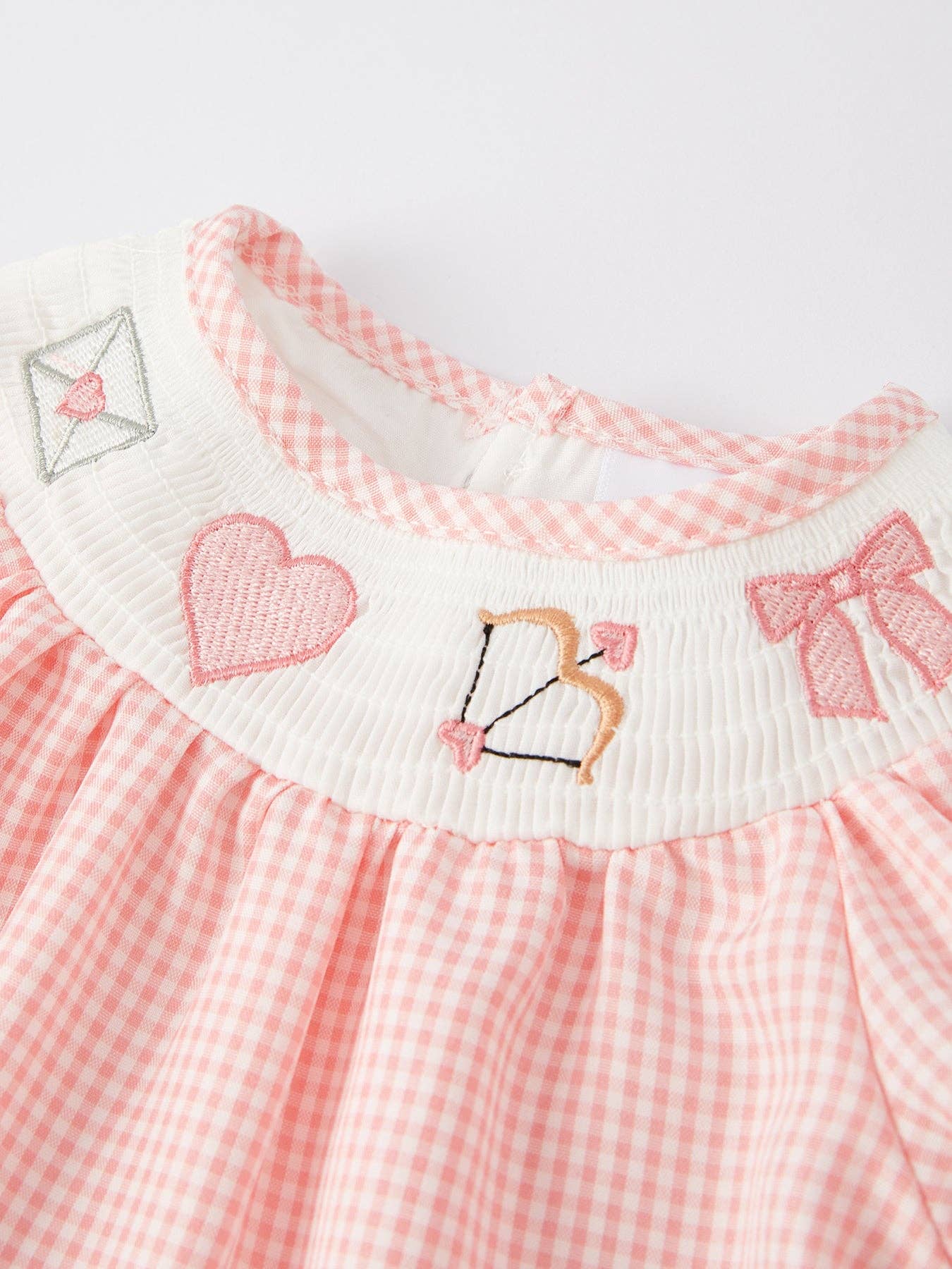 Valentine's Day Letter Heart Bow Arrow Smocking Embroidery Girls Romper