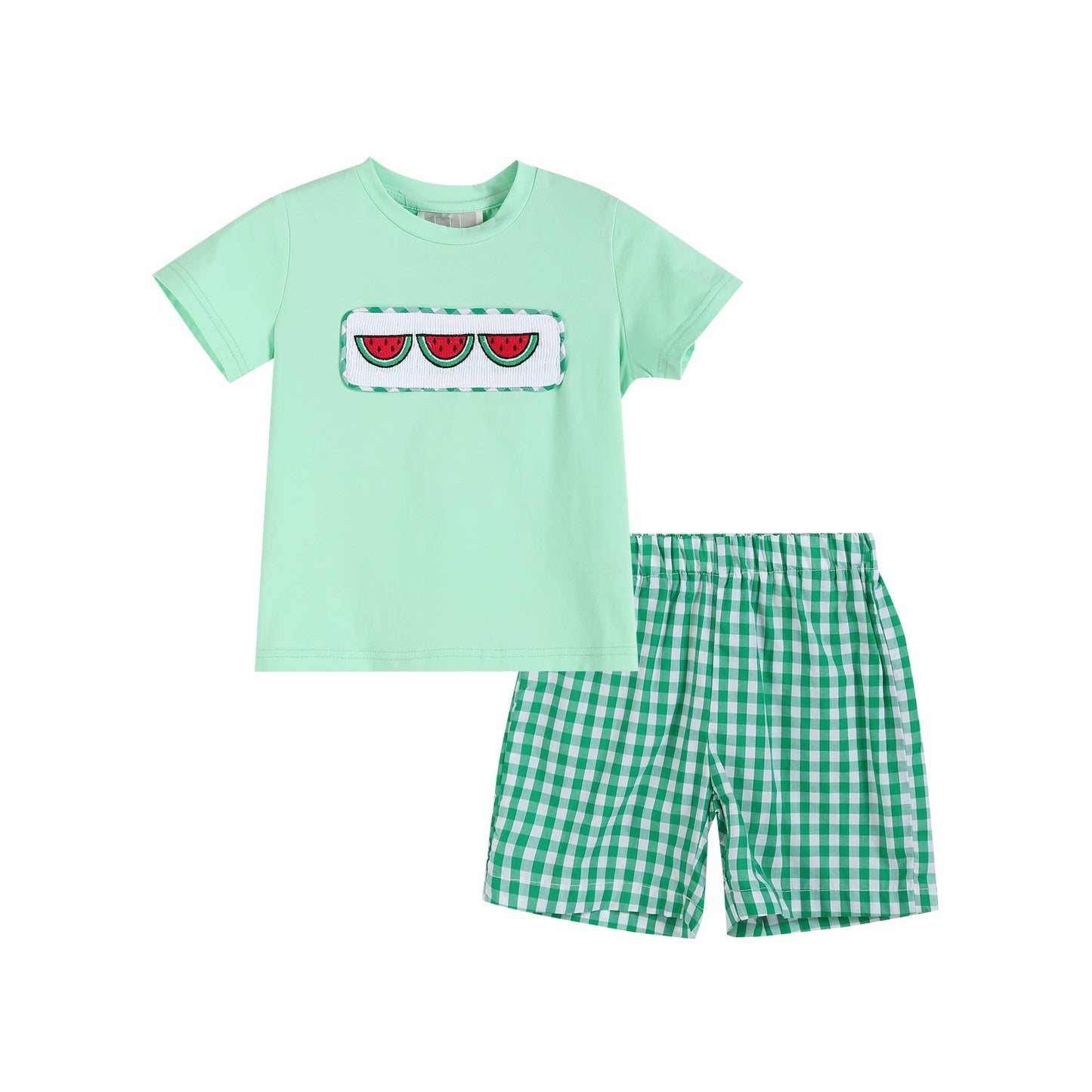 Lil Cactus Green Watermelon Smocked T-Shirt and Gingham Shorts 2pc. Set