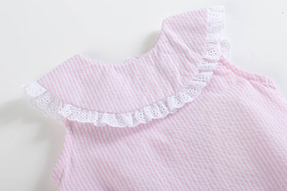 Classic Light Pink Seersucker Collared Baby Bubble Romper