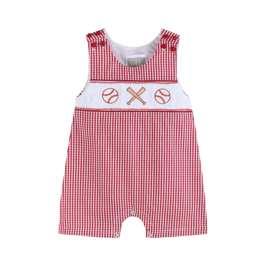 Red Gingham Baseball Smocked Shortalls