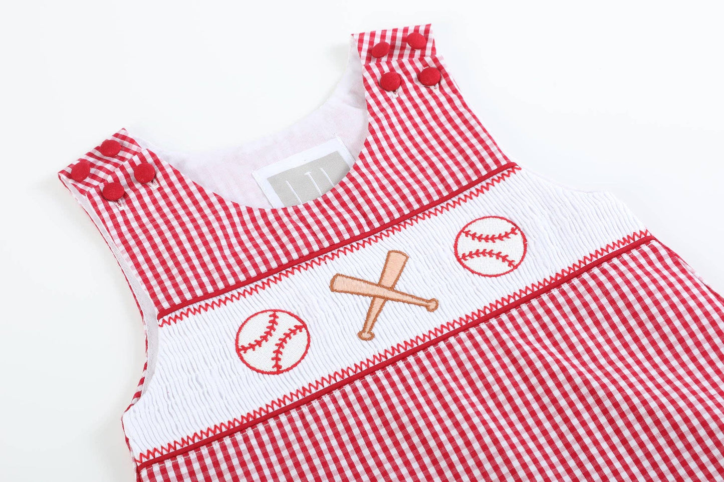 Red Gingham Baseball Smocked Shortalls