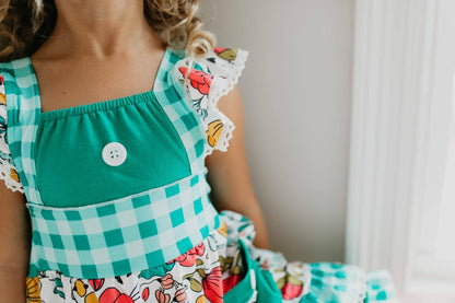 Adorable Sweetness Kids Teal Gingham Floral Pocket Easter Ruffle Short Set