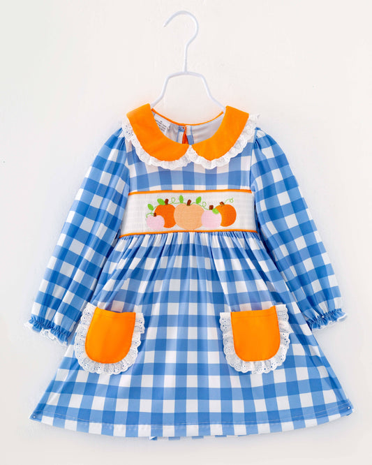 Blue Plaid Pumpkin Ruffle Smocked Girl Twirl Dress