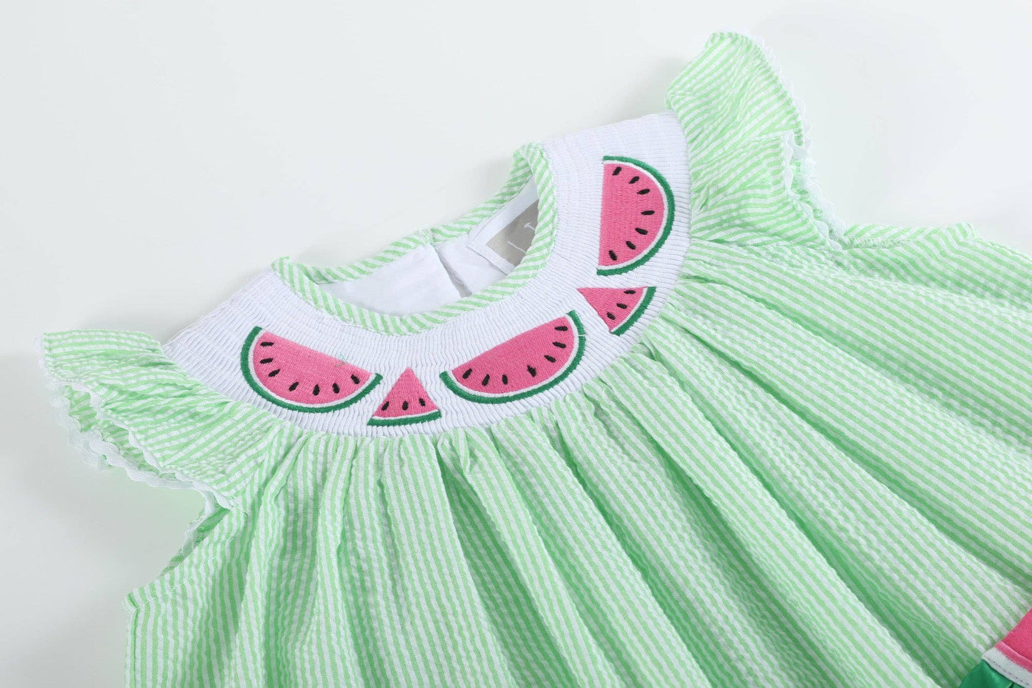 Lil Cactus Green Seersucker Watermelon Smocked Bishop Dress