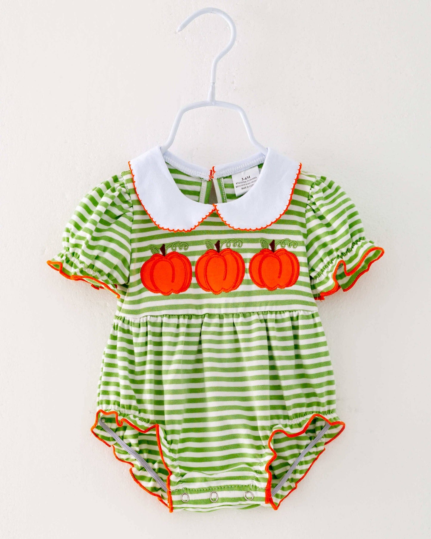 Green Stripe Pumpkin Ruffle Baby Girl Romper Clothing