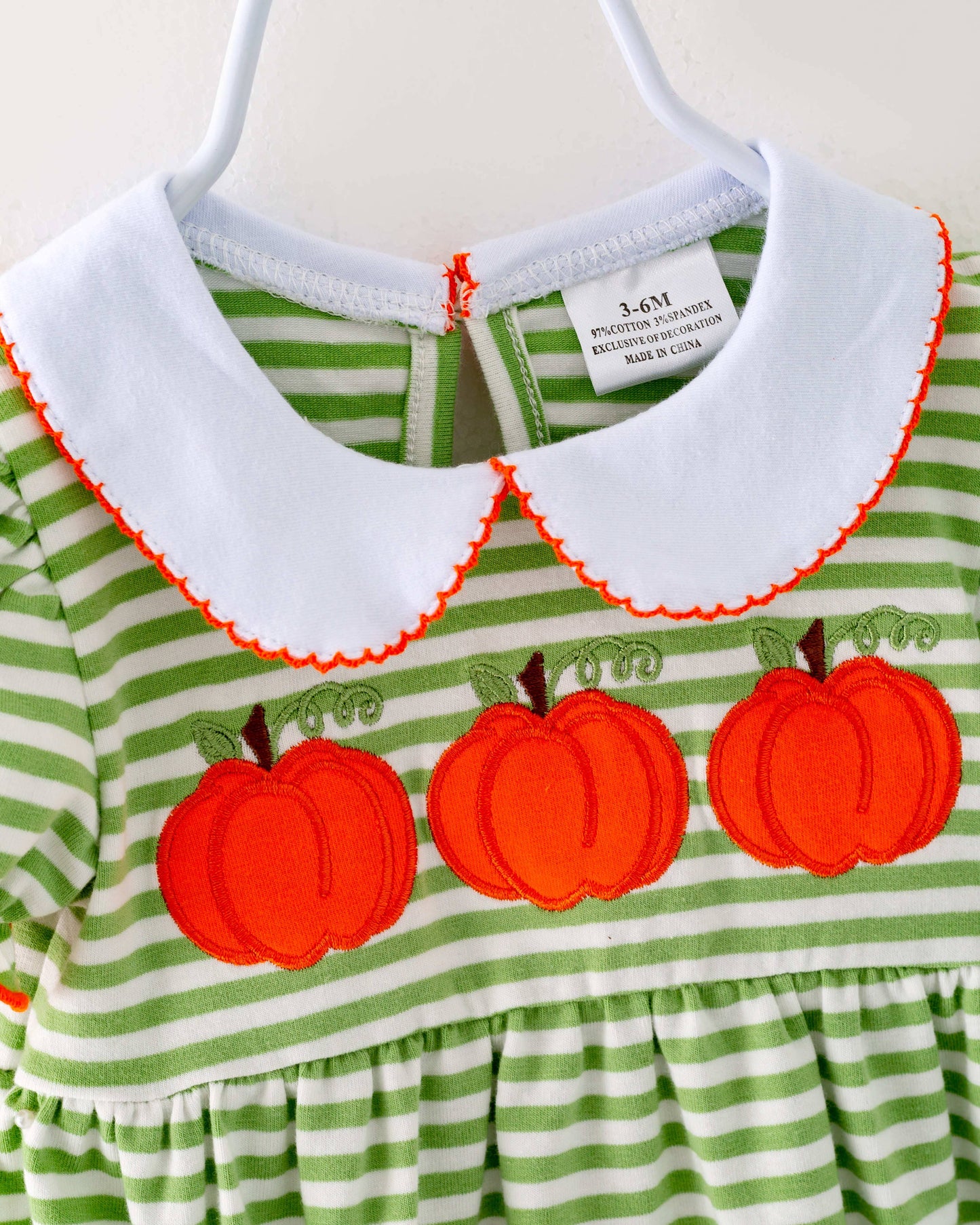 Green Stripe Pumpkin Ruffle Baby Girl Romper Clothing