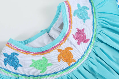 Rainbow Turtle Smocked Bishop Dress