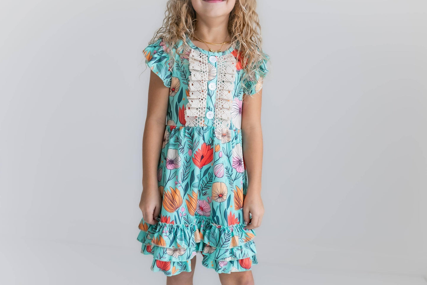 Adorable Sweetness Kids Teal Floral Lace Ruffle Button Spring Easter Dress