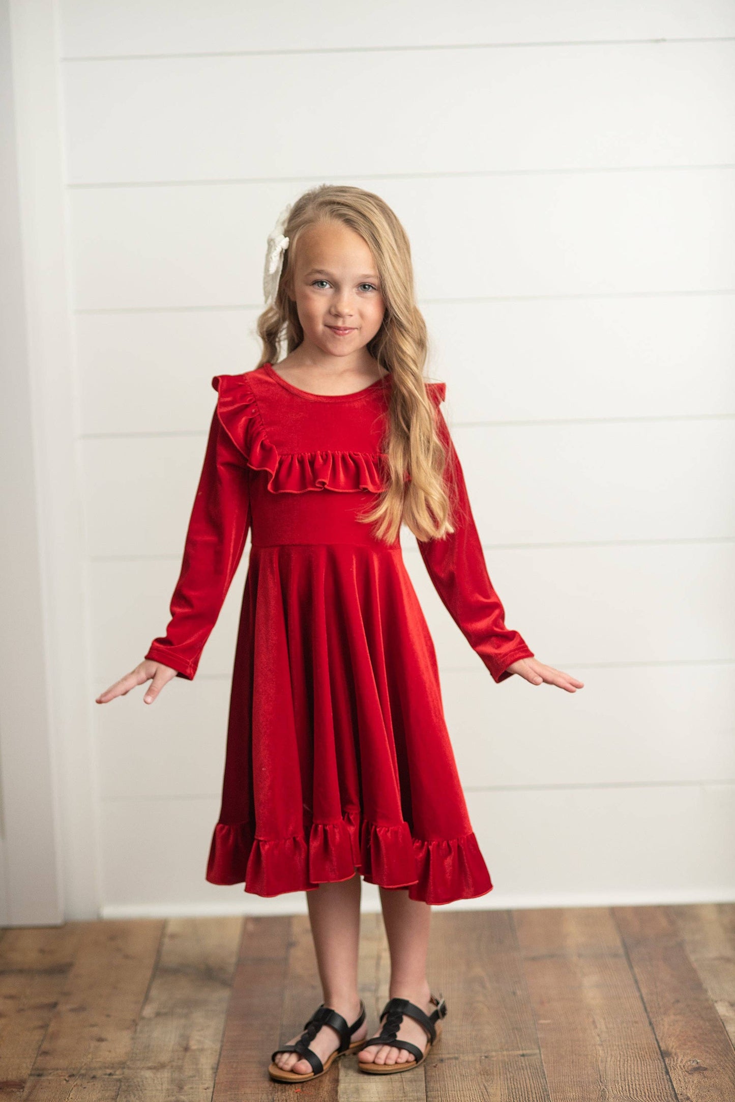 Kids Red Velvet Ruffle Fancy Winter Christmas Party Dress