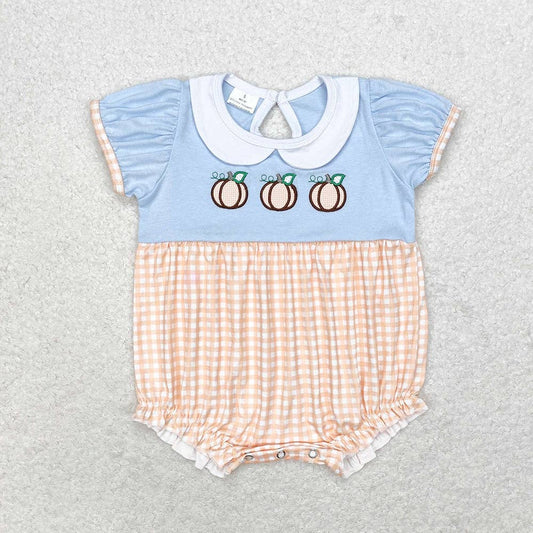 Baby Blue & Light Orange Embroidered Pumpkin Girls Bubble