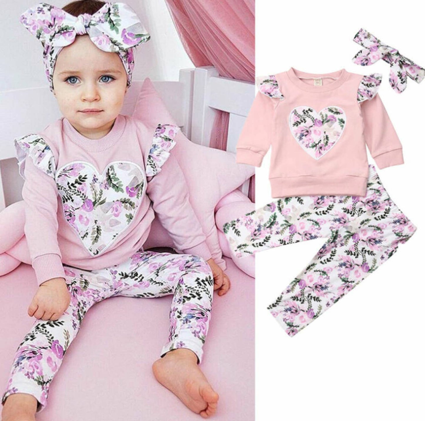 Floral Heart Pink 3pcs Baby Girl Outfit