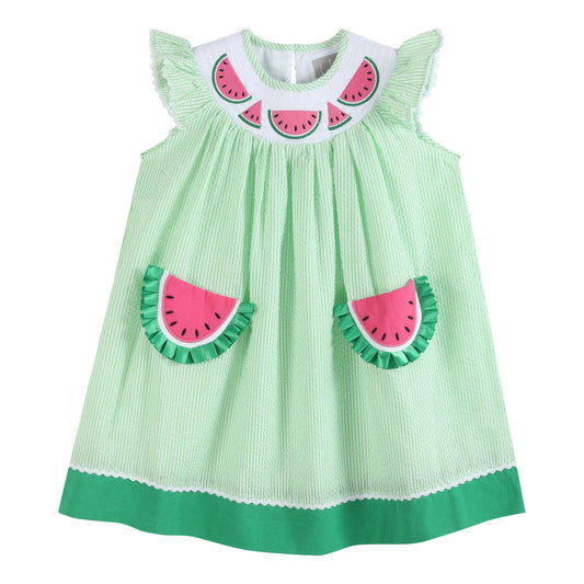 Lil Cactus Green Seersucker Watermelon Smocked Bishop Dress