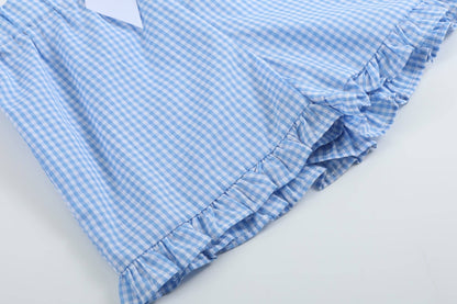 Girls Light Blue Gingham Golf Tee and Shorts 2pc Set