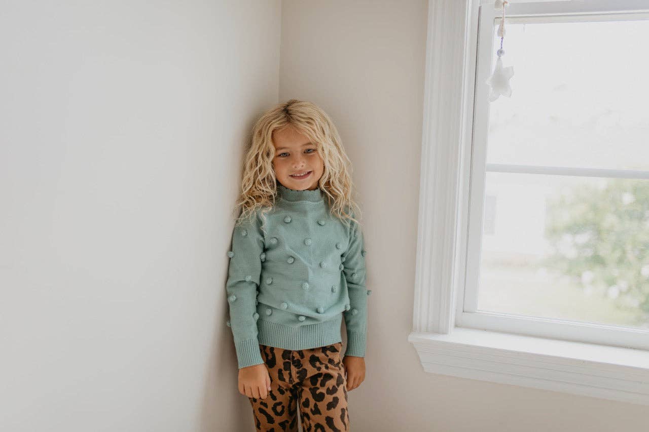 Kids Teal Pom Pom Fall Winter Crew Neck Sweater