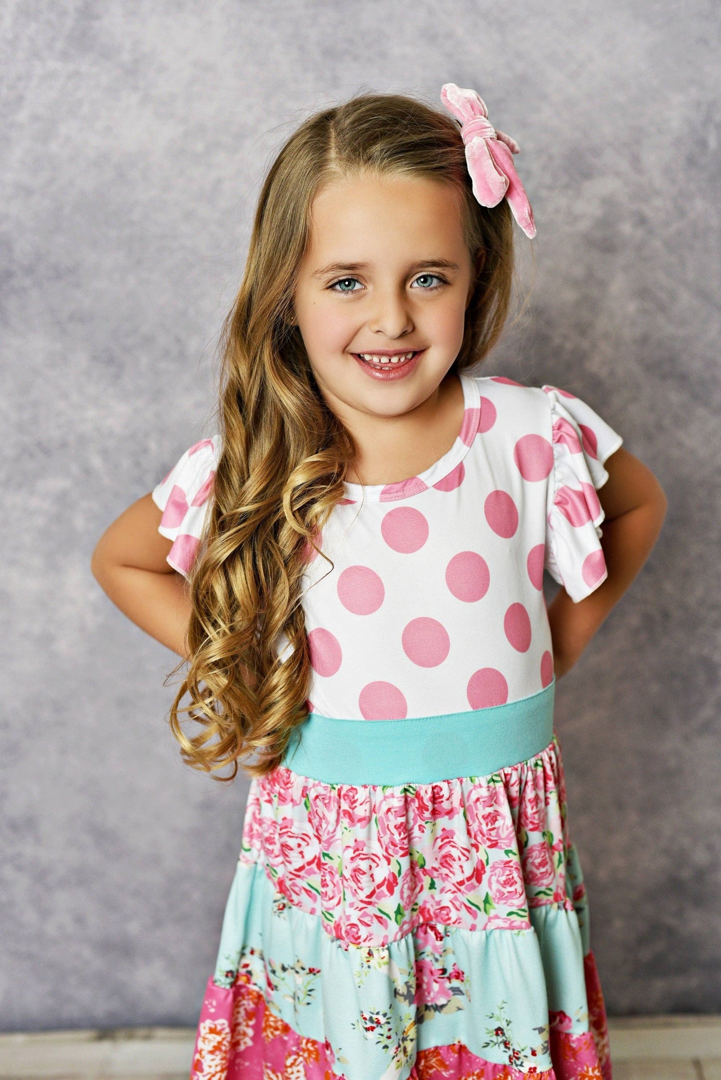 adorable sweetness Kids Pink & Blue Polka Dot Tiered Spring Easter Summer Dress