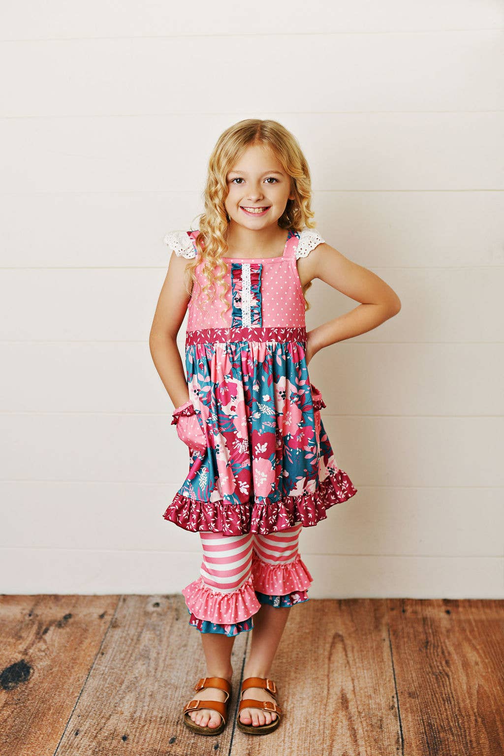 Adorable Sweetness Kids Blue & Pink Floral Stripe Ruffle Lace Pocket Capri Set