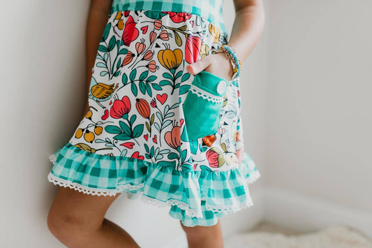 Adorable Sweetness Kids Teal Gingham Floral Pocket Easter Ruffle Short Set