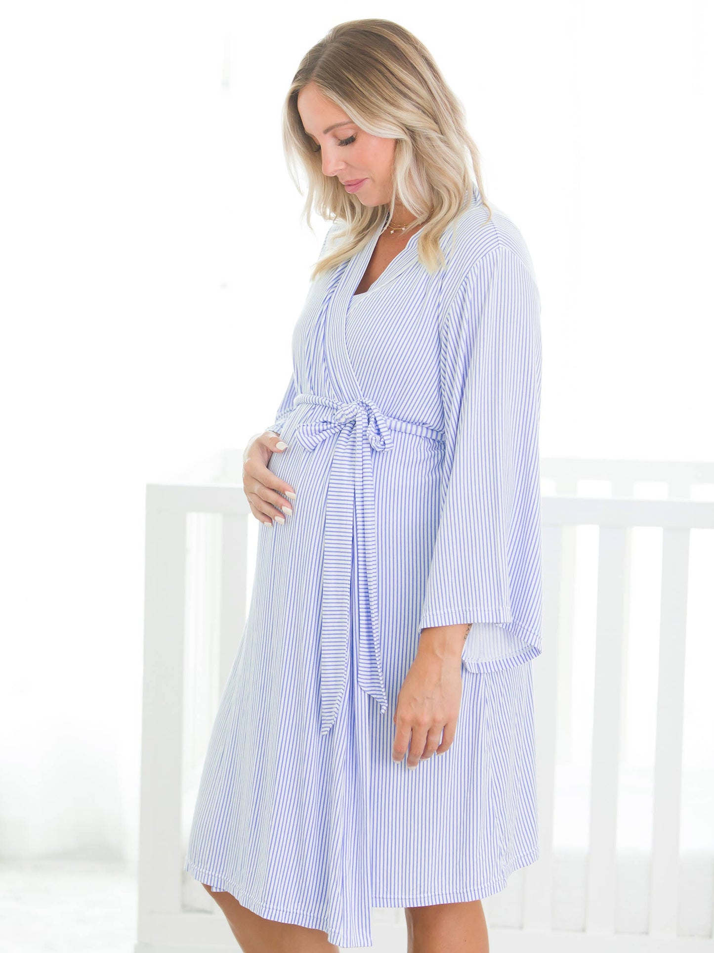 Women's Periwinkle Blue Micro Stripe Bamboo Viscose Mommy & Me Maternity Robe