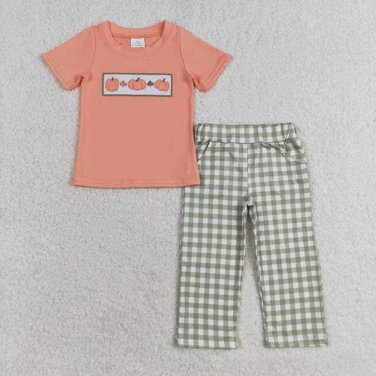 Boys Fall Pumpkins Light orange and sage outfit sets