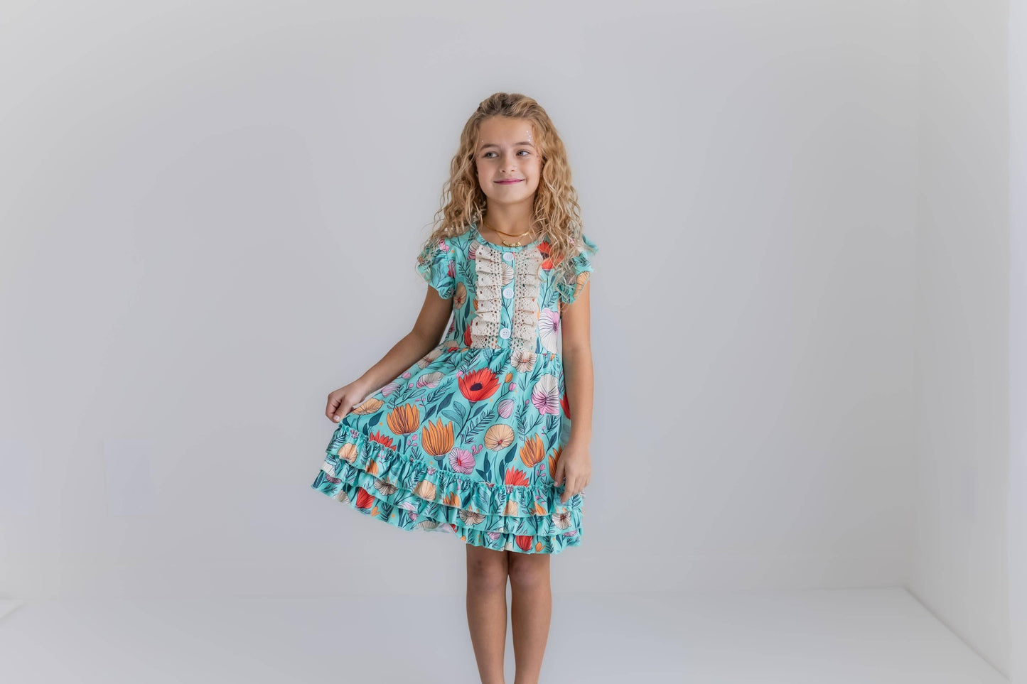 Adorable Sweetness Kids Teal Floral Lace Ruffle Button Spring Easter Dress