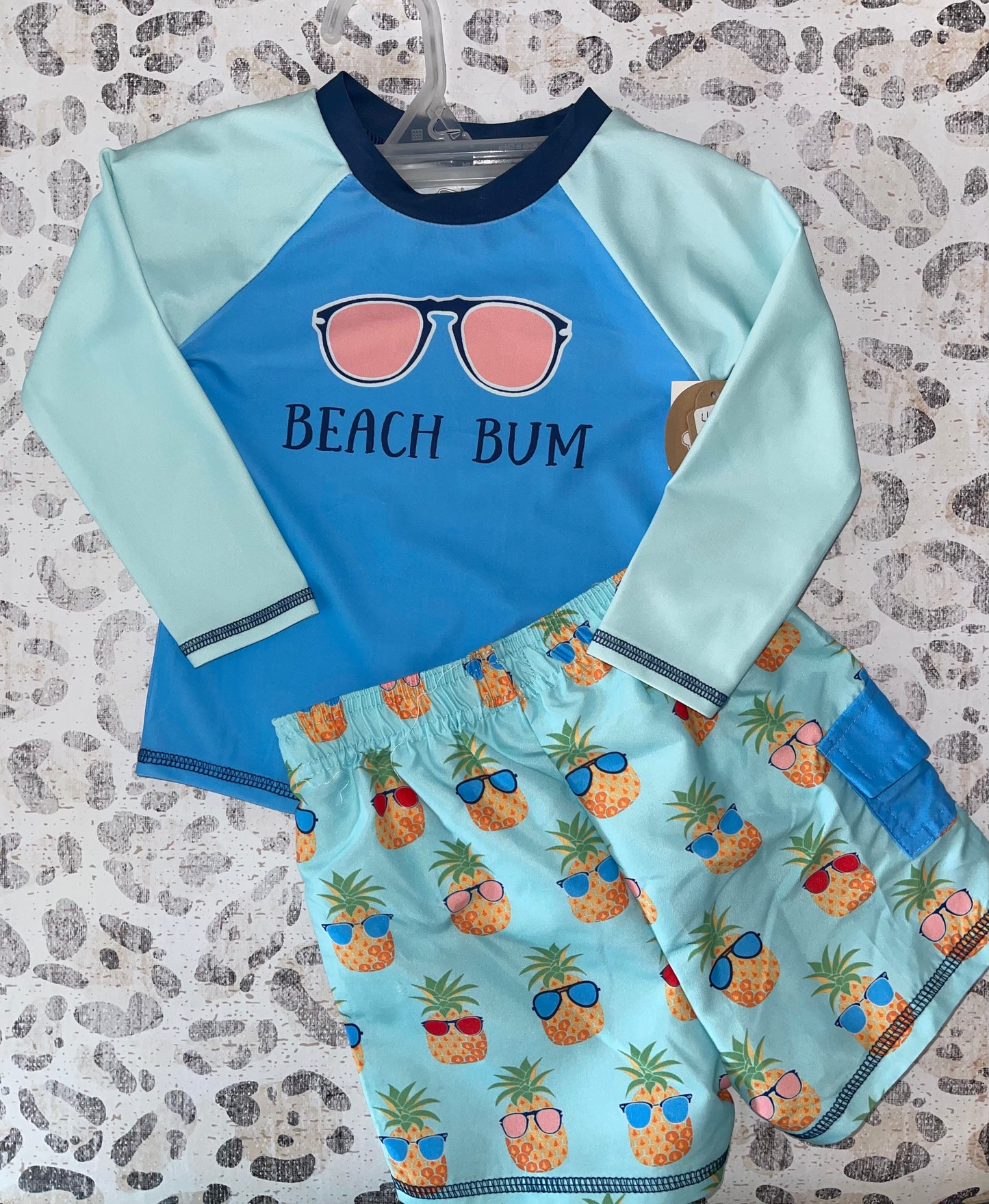 Mudpie Beach Bum Pineapple and Sunglasses Rash Guard with Swim Trunks