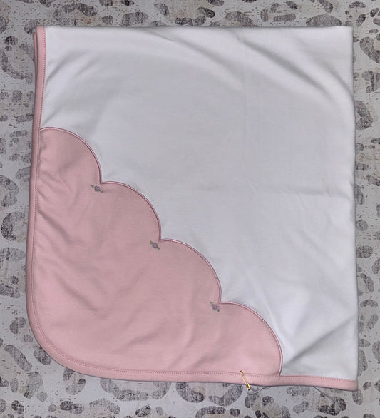 Shimoa White Pima Cotton Swaddle Blanket with Pink Scalloped Corner